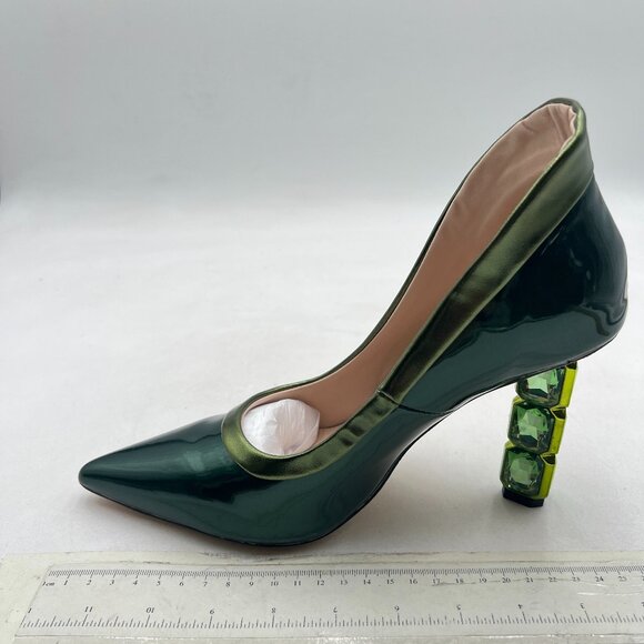 FSJ Green Pointed Toe Slip On Crystal Gorgeous Three Diamonds High Heel Pumps - Picture 2 of 8